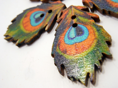 Wooden Buttons Set of 5: Printed Wooden Peacock Buttons ~ Large Flat Peacock Wooden Buttons 1 3/8