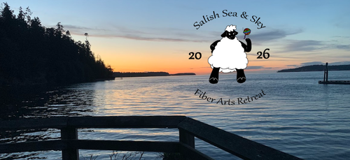 Fiber Arts Retreat Logo on photo of the Salish Sea taken at Yarn Camp