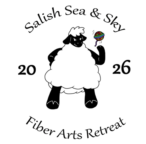 Salish Sea & Sky Fiber Arts Retreat Logo 2026 with sheep and rainbow yarn