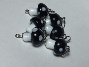 Black & White Mushrooms: Set of 6 Lampwork Glass Stitch Markers