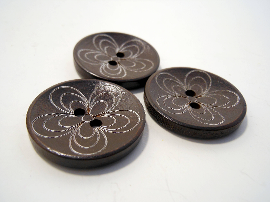 Wooden Buttons Set of 3: Brown Wooden Daisy Buttons ~ Large Dark Brown Colored Wooden Buttons with White Daisies 1 1/4