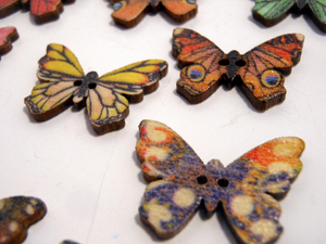 Wooden Buttons Set of 5: Printed Wooden Butterfly Buttons ~ Medium Flat Butterfly Wooden Buttons 1" Wide 3/4" High ~ Assorted Patterns
