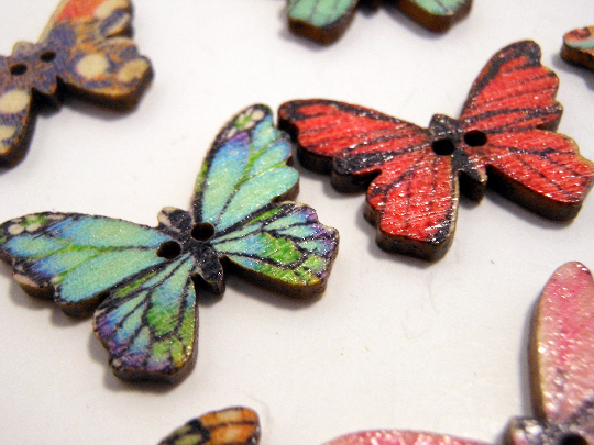 Wooden Buttons Set of 5: Printed Wooden Butterfly Buttons ~ Medium Flat Butterfly Wooden Buttons 1