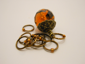 Handmade Snagless Metal Stitch Markers ~ Glass Acorn ~ Set of 10 ~ Antique Bronze and Glass Acorn with Honey Markers