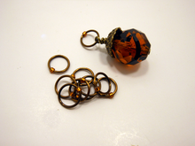 Handmade Snagless Metal Stitch Markers ~ Glass Acorn ~ Set of 10 ~ Antique Bronze and Glass Acorn with Honey Markers