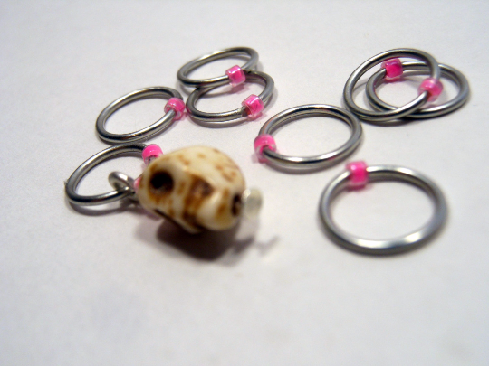 Handmade Snagless Stitch Markers ~ Neon Pink Skull ~ Set of 10