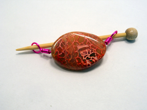Handmade Natural Stone Shawl Pin ~ Wire Wrapped Stone ~ Painted Agate C Orange Pink and Red with Pink Wire