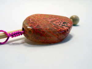 Handmade Natural Stone Shawl Pin ~ Wire Wrapped Stone ~ Painted Agate C Orange Pink and Red with Pink Wire