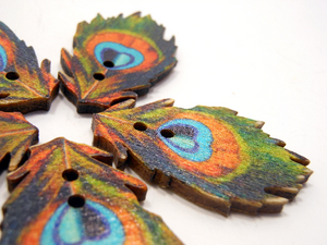 Wooden Buttons Set of 5: Printed Wooden Peacock Buttons ~ Large Flat Peacock Wooden Buttons 1 3/8" Long 7/8" Wide