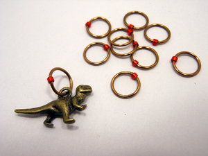 Handmade Snagless Stitch Markers ~ Rawr! ~ Set of 10 ~ Antique Bronze T-Rex Stitch Markers