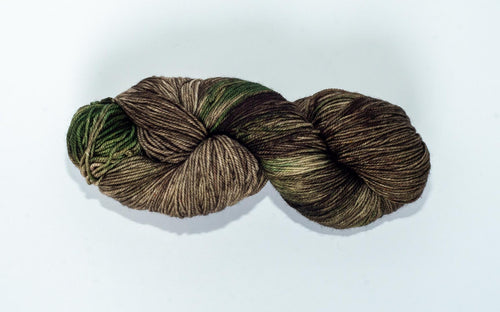 Hand Dyed Fingering Weight Superwash Merino cashmere nylon yarn in brown and tan with green