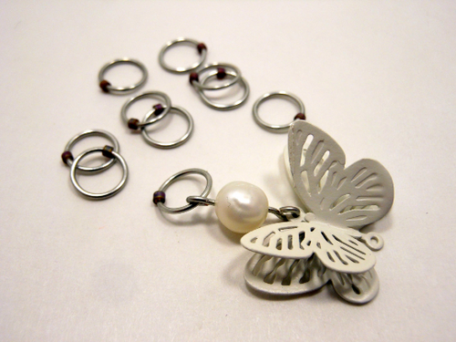 Handmade Snagless Metal Stitch Markers ~ White 3D Butterfly with Pearl ~ Set of 10