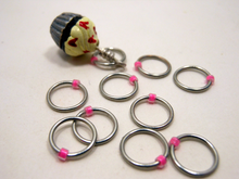 Handmade Snagless Metal Stitch Markers ~ White and Red Frosted Cupcake  ~ Set of 10 ~ Cupcake with Snagless Pink Markers