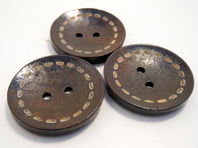 Wooden Buttons Set of 3: Brown Wooden "Stitch" Buttons ~ Large Dark Brown Colored Wooden Buttons with Stitching Detail 1 1/8" Diameter