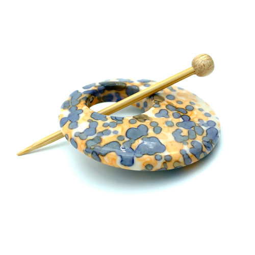 Porcelain Shawl Pin ~ Skipping Stones Blue and Orange